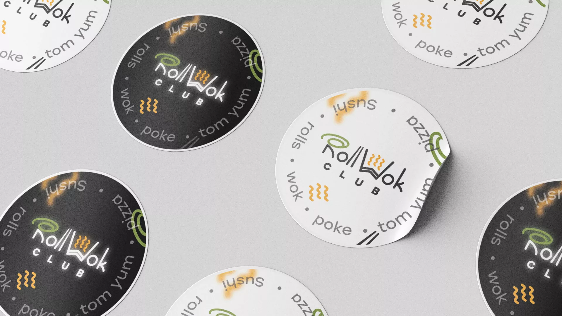 Разработка наклеек для суши-бара «Roll Wok Club» в Зиме